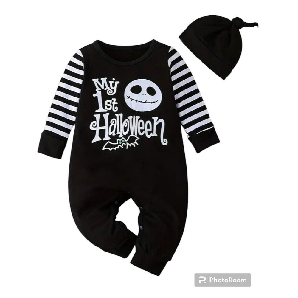 0-3M 2PCS Baby First Halloween Romper Hat, Jack Skellington "My 1st Halloween"